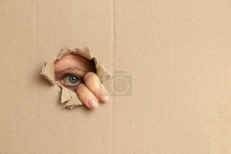 Téléchargez les photos : L'œil de la fille regarde dans le trou en carton, regarde - en image libre de droit