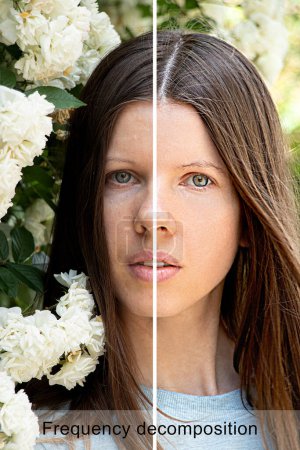 Téléchargez les photos : Le visage d'une jeune fille avec traitement de fréquence de la moitié du visage et sans traitement de la seconde moitié du visage, par exemple photo avant et après retouche du visage - en image libre de droit