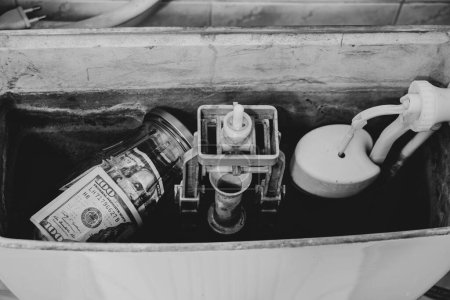 Photo for One hundred dollar bills lie in a jar that lies in the toilet tank in the toilet in the apartment, money is hidden in the toilet, savings - Royalty Free Image