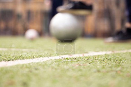 Photo for Women's legs on a football field and a gray soccer ball in Ukraine, playing football in the yard, sport - Royalty Free Image