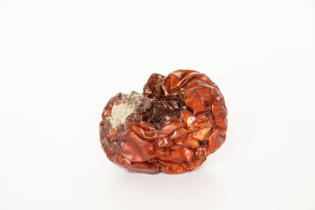Rotten apple with mold on a white background close-up