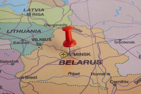 Belarus selective focus on Minsk- capital city, pinned on political map.