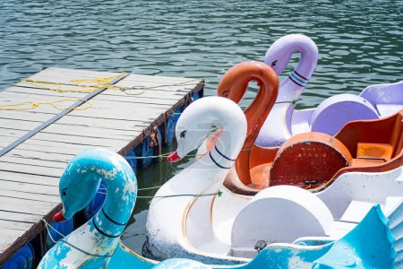 Photo for Swan shaped boats tied on lake edge in kashmir bhimtal naukuchiatal on the blue waters with forests behind in India - Royalty Free Image
