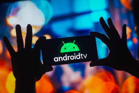 Photo for October 31, 2022, Brazil. In this photo illustration, the Android TV logo is displayed on a smartphone screen - Royalty Free Image