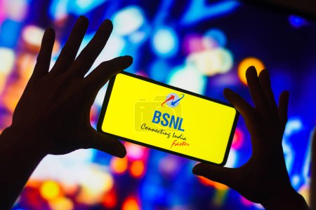 Photo for November 23, 2022, Brazil. In this photo illustration, the Bharat Sanchar Nigam Limited (BSNL) logo is displayed on a smartphone screen - Royalty Free Image