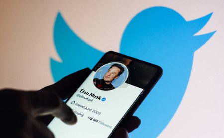Foto de 24 de noviembre de 2022, Brasil. En esta ilustración fotográfica, la cuenta de Twitter de Elon Musk se muestra en una pantalla de teléfono inteligente y el logotipo de Twitter se muestra en una pantalla en el fondo - Imagen libre de derechos