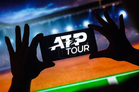 Photo for January 9, 2023, Brazil. In this photo illustration, the ATP Tour (ATP World Tour) logo is displayed on a smartphone screen - Royalty Free Image
