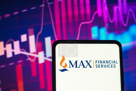 Foto de February 2, 2023, Brazil. In this photo illustration, the Max Financial Services logo is displayed on a smartphone screen - Imagen libre de derechos