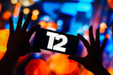 Photo for February 7, 2023, Brazil. In this photo illustration, the Take Two Interactive Software logo is displayed on a smartphone screen - Royalty Free Image