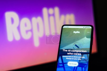Photo for February 22, 2023, Brazil. In this photo illustration, the Replika logo is seen displayed on a smartphone - Royalty Free Image