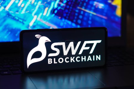Foto de March 1, 2023, Brazil. In this photo illustration, the SWFT Blockchain logo seen displayed on a smartphone - Imagen libre de derechos