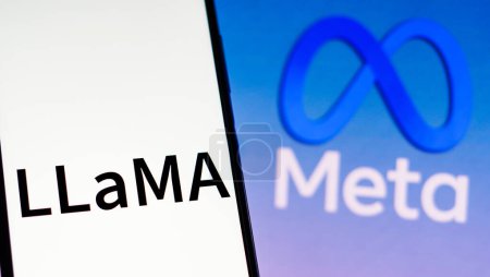 Foto de March 2, 2023, Brazil. In this photo illustration, the LLaMA (Large Language Model Meta AI) logo seen displayed on a smartphone and in the background, the Meta Platforms logo - Imagen libre de derechos