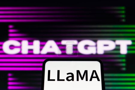 Foto de March 2, 2023, Brazil. In this photo illustration, the LLaMA (Large Language Model Meta AI) logo seen displayed on a smartphone and in the background, the ChatGPT (OpenAI) logo - Imagen libre de derechos