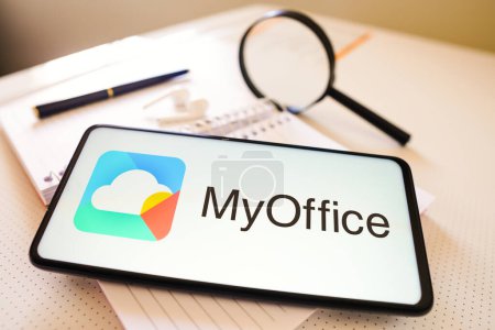 Photo for March 7, 2023, Brazil. In this photo illustration, the MyOffice logo seen displayed on a smartphone - Royalty Free Image