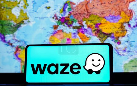Photo for March 22, 2023, Brazil. In this photo illustration the Waze logo seen displayed on a smartphone screen - Royalty Free Image