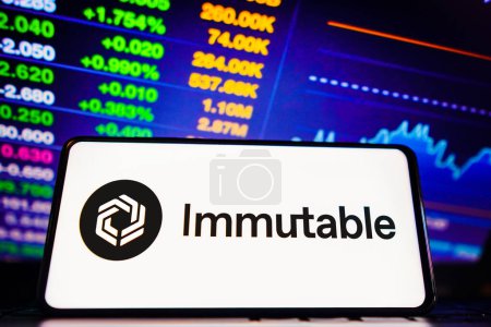 Photo for March 28, 2023, Brazil. In this photo illustration, the Immutable (IMX) logo is displayed on a smartphone screen - Royalty Free Image