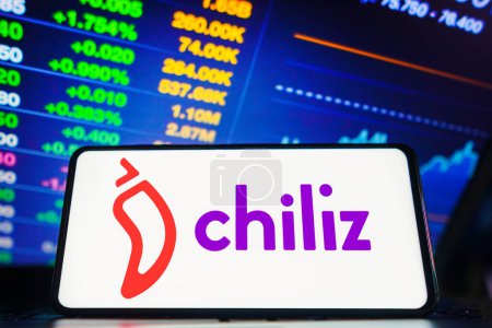 Photo for March 28, 2023, Brazil. In this photo illustration, the Chiliz (CHZ) logo is displayed on a smartphone screen - Royalty Free Image
