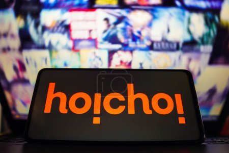 Photo for March 30, 2023, Brazil. In this photo illustration, the Hoichoi logo is displayed on a smartphone screen - Royalty Free Image