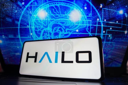 Photo for April 3, 2023, Brazil. In this photo illustration, the Hailo AI logo is displayed on a smartphone screen - Royalty Free Image