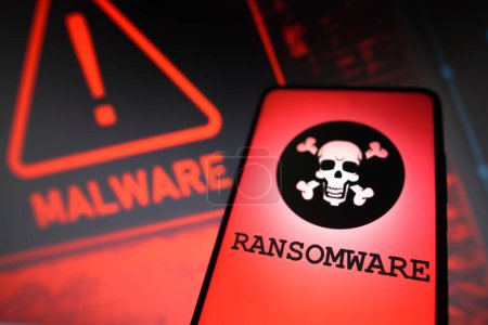 Photo for April 8, 2023, Brazil. In this photo illustration, the representation of a ransomware is displayed on a smartphone screen. Ransomware is a type of personal data hijacking malware - Royalty Free Image