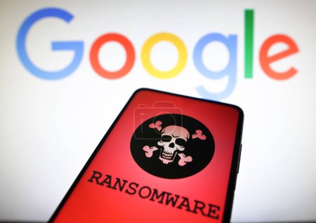 Photo for April 8, 2023, Brazil. In this photo illustration, the representation of a ransomware is displayed on a smartphone screen and background the logo Google - Royalty Free Image