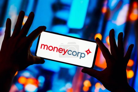 Photo for April 16, 2023, Brazil. In this photo illustration, the Moneycorp logo is displayed on a smartphone screen - Royalty Free Image