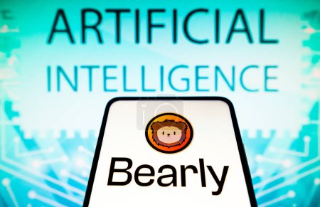 Photo for April 19, 2023, Brazil. In this photo illustration, the Bearly logo is displayed on a smartphone screen and in the background the text artificial intelligence - Royalty Free Image