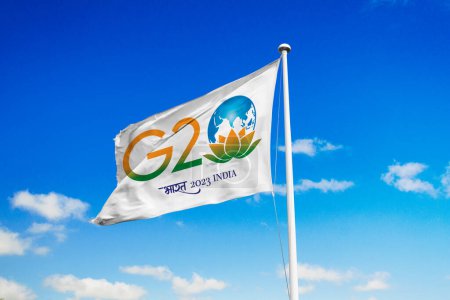 Téléchargez les photos : 21 avril 2023, Brésil. Le sommet du G20 à New Delhi en 2023 apparaît bientôt sur un drapeau. Le sommet du G20 se réunira les 9 et 10 septembre - en image libre de droit