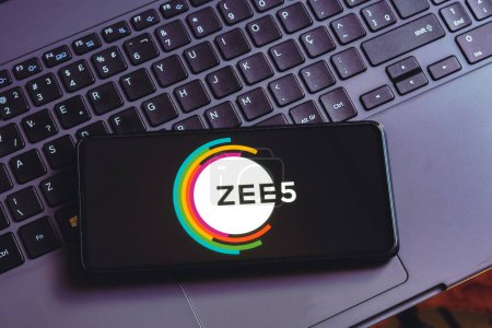 Photo for April 28, 2023, Brazil. In this photo illustration, the ZEE5 logo is displayed on a smartphone screen - Royalty Free Image