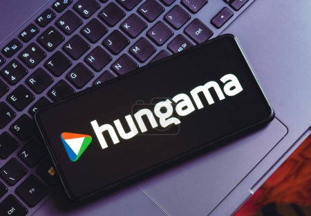 Photo for April 28, 2023, Brazil. In this photo illustration, the Hungama Digital Media logo is displayed on a smartphone screen - Royalty Free Image