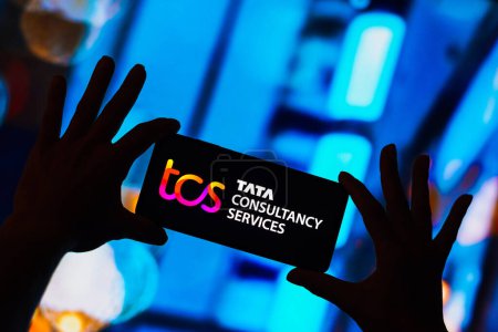 Photo for May 4, 2023, Brazil. In this photo illustration, the Tata Consultancy Services Limited (TCS) logo is displayed on a smartphone screen - Royalty Free Image