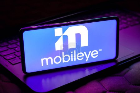 Photo for May 9, 2023, Brazil. In this photo illustration, the Mobileye Global Inc. logo is displayed on a smartphone screen - Royalty Free Image