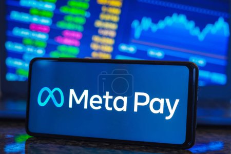 Photo for May 17, 2023, Brazil. In this photo illustration, the Meta Pay logo is displayed on a smartphone screen - Royalty Free Image