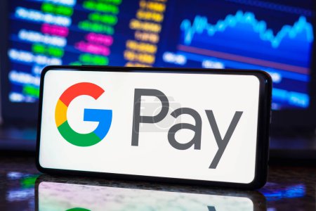 Photo for May 17, 2023, Brazil. In this photo illustration, the Google Pay logo is displayed on a smartphone screen - Royalty Free Image