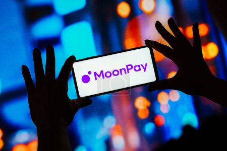 Photo for August 29, 2023, Brazil. In this photo illustration, the MoonPay logo seen displayed on a smartphone - Royalty Free Image
