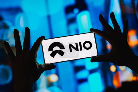 Photo for September 6, 2023, Brazil. In this photo illustration, the NIO logo is displayed on a smartphone screen - Royalty Free Image