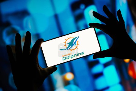 Téléchargez les photos : 9 septembre 2023, Brésil. Dans cette illustration photo, le logo des Dolphins de Miami est affiché sur un écran de smartphone. Il s'agit d'une équipe américaine de football basée à Miami en Floride. Cette équipe joue dans la division Est de l'AFC de l'American Conferen - en image libre de droit