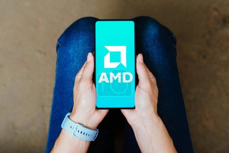 Photo for September 12, 2023, Brazil. In this photo illustration, the Advanced Micro Devices (AMD) logo is displayed on a smartphone screen - Royalty Free Image