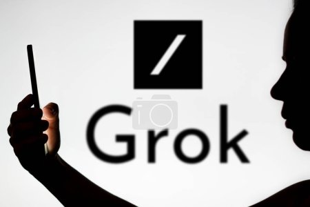 Téléchargez les photos : 6 novembre 2023, Brésil. Dans cette illustration photo, la silhouette d'une femme porte un smartphone avec le logo Grok en arrière-plan. Grok est un chatbot d'intelligence artificielle associé au réseau social X, créé par Elon Musk - en image libre de droit