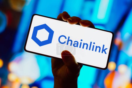 Photo for November 9, 2023, Brazil. In this photo illustration, the Chainlink logo is displayed on a smartphone screen - Royalty Free Image