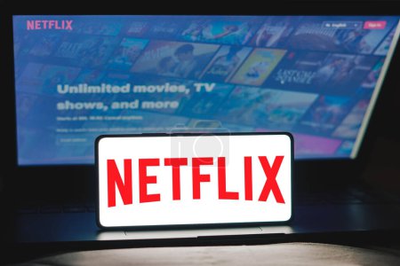 Photo for December 5, 2023, Brazil. In this photo illustration, the Netflix logo is displayed on a smartphone screen - Royalty Free Image