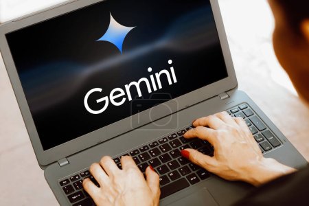 Photo for December 6, 2023, Brazil. In this photo illustration, the Google Gemini logo is displayed on a laptop screen. The tool was launched by Google as its new multimodal artificial intelligence (AI) model - Royalty Free Image