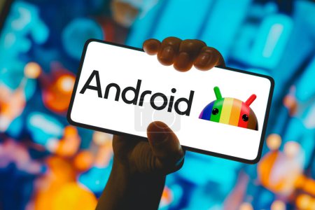 Photo for December 13, 2023, Brazil. In this photo illustration, the Android logo is displayed on a smartphone screen - Royalty Free Image