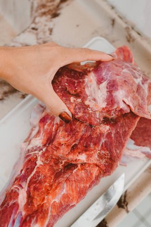 Foto de Trozo de carne de res roja cruda con grasa. Brasil es el segundo mayor productor y exportador mundial de carne de vacuno. - Imagen libre de derechos