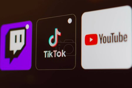 Téléchargez les photos : 8 janvier 2024, Brésil. Dans cette illustration photo, le logo TikTok, Twitch et YouTube est affiché sur un écran de télévision. - en image libre de droit