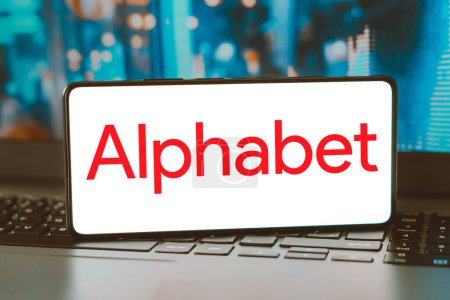 Photo for February 4, 2024, Brazil. In this photo illustration, the Alphabet Inc. logo is displayed on a smartphone screen - Royalty Free Image