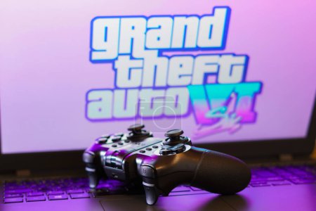 Photo for February 5, 2024, Brazil. In this photo illustration, the Grand Theft Auto VI (GTA Six) logo game is displayed on a computer screen, next to a gamepad - Royalty Free Image
