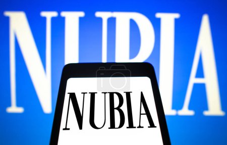 Photo for February 6, 2024, Brazil. In this photo illustration, the Nubia Brand International Corp. logo is displayed on a smartphone screen and in the background - Royalty Free Image