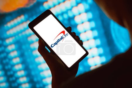 Photo for February 19, 2024, Brazil. In this photo illustration, the Capital One Financial logo is displayed on a smartphone screen - Royalty Free Image