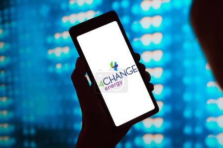 Photo for February 27, 2024, Brazil. In this photo illustration, the 4Change Energy logo is displayed on a smartphone screen - Royalty Free Image